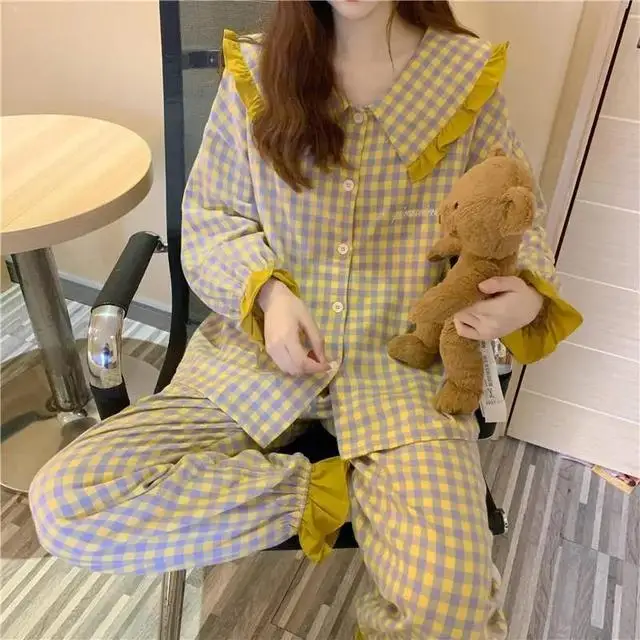 

QWEEK кавайная Пижама японская комнатная одежда, брючные костюмы, пижама с длинным рукавом, женская пижама, комплект из двух предметов, ночная ...