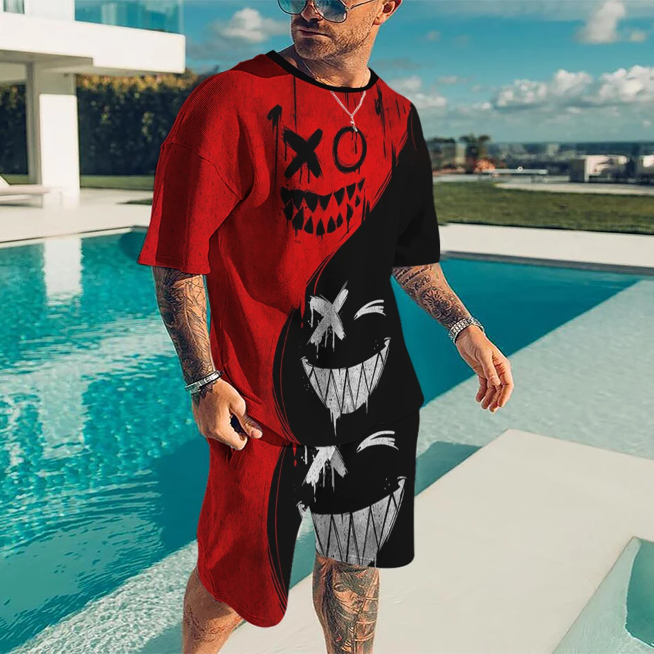 Fashion Men's 2 Two-Piece 3D Printed Colorful Smiling Face Men's T-shirt Set Clothing Summer T-shirt Set Street Clothing