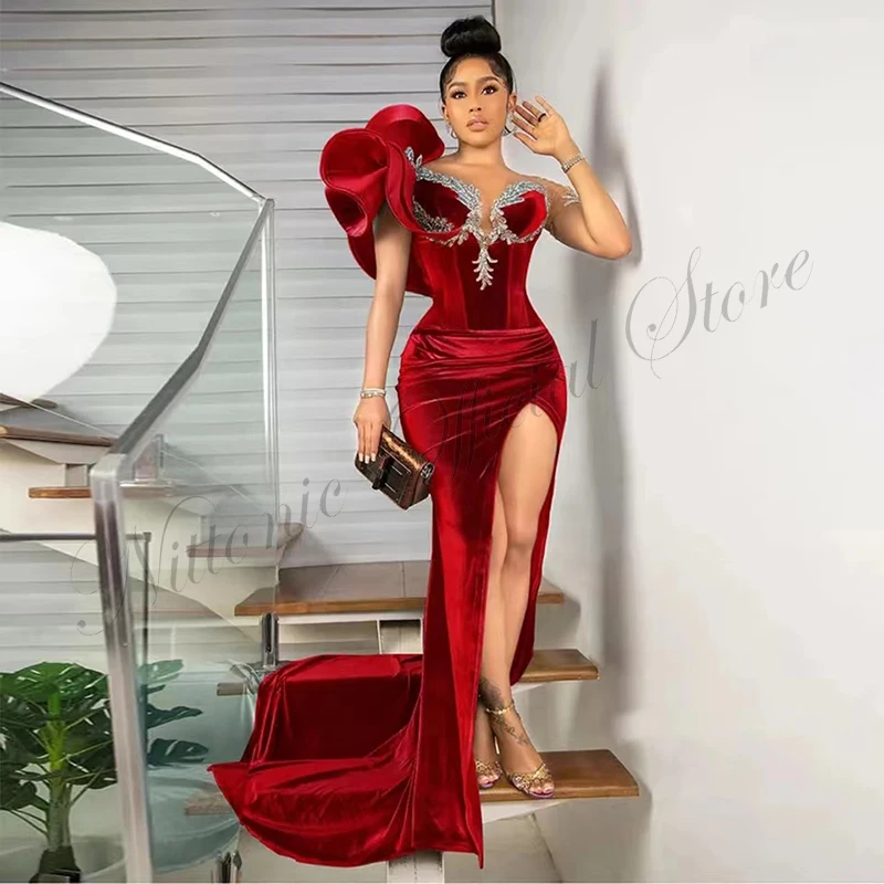 

Luxury Sexy Evening Dresses for Woman Velour Floor-Length Asymmetrical Crystal Side Slit Formal Occasion Prom Party Guest 2023