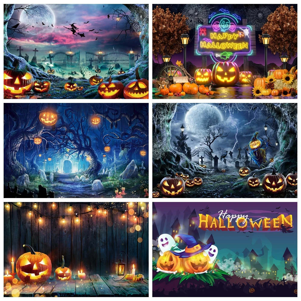 Фотофон для детской семейной съемки с изображением Лесного кладбища ведьмы тыквы фонаря летучих мышей