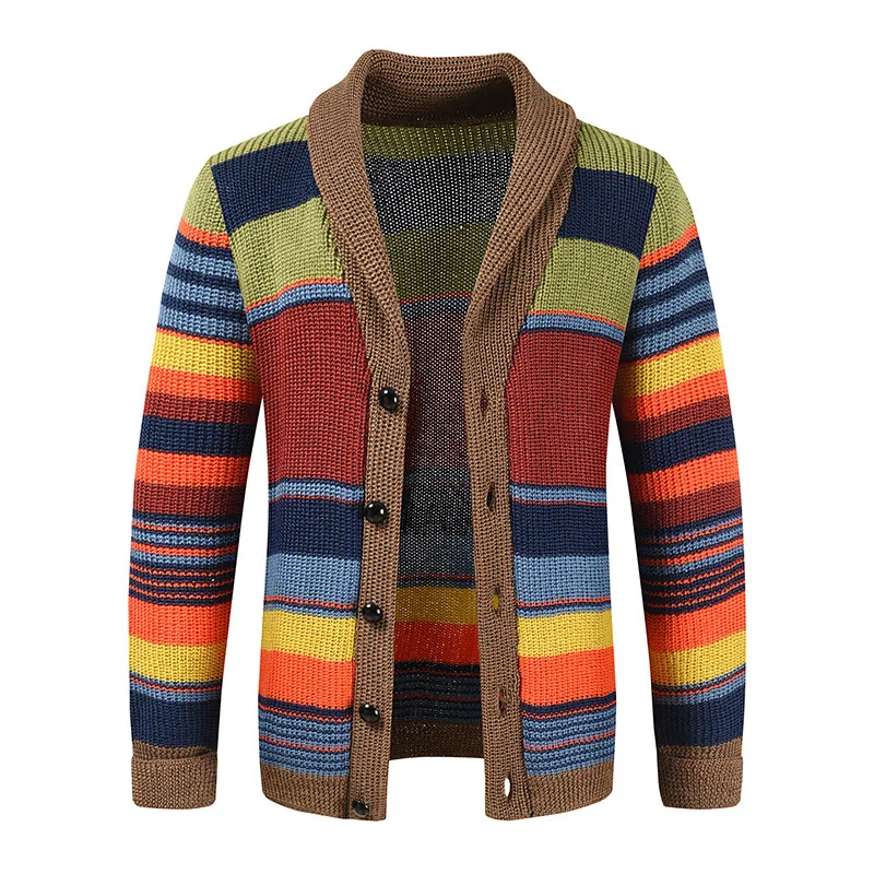 2022 New  Men's Sweater Jacket Autumn and Winter Fashion Striped Cardigan Lapel Color Blocking Knitwear Casual  Mens Clothes 3XL