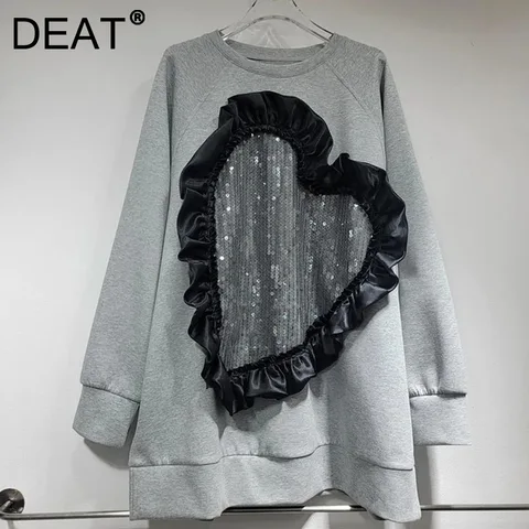 DEAT 2024 Autumn New Fashion Women's Heart Sequins Sweatshirt Loose Patchwork Drawstring Waist Long Sleeve Hoodie Female 29L8280