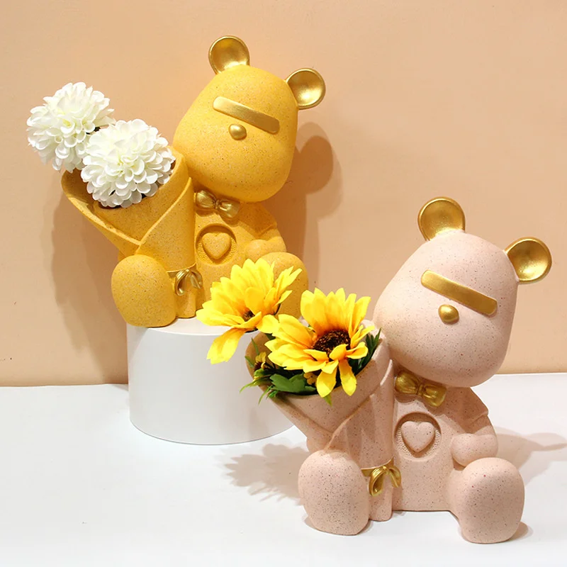 

Nordic light luxury bouquet bear resin ornaments modern minimalist home porch decoration love bear storage tray birthday gift
