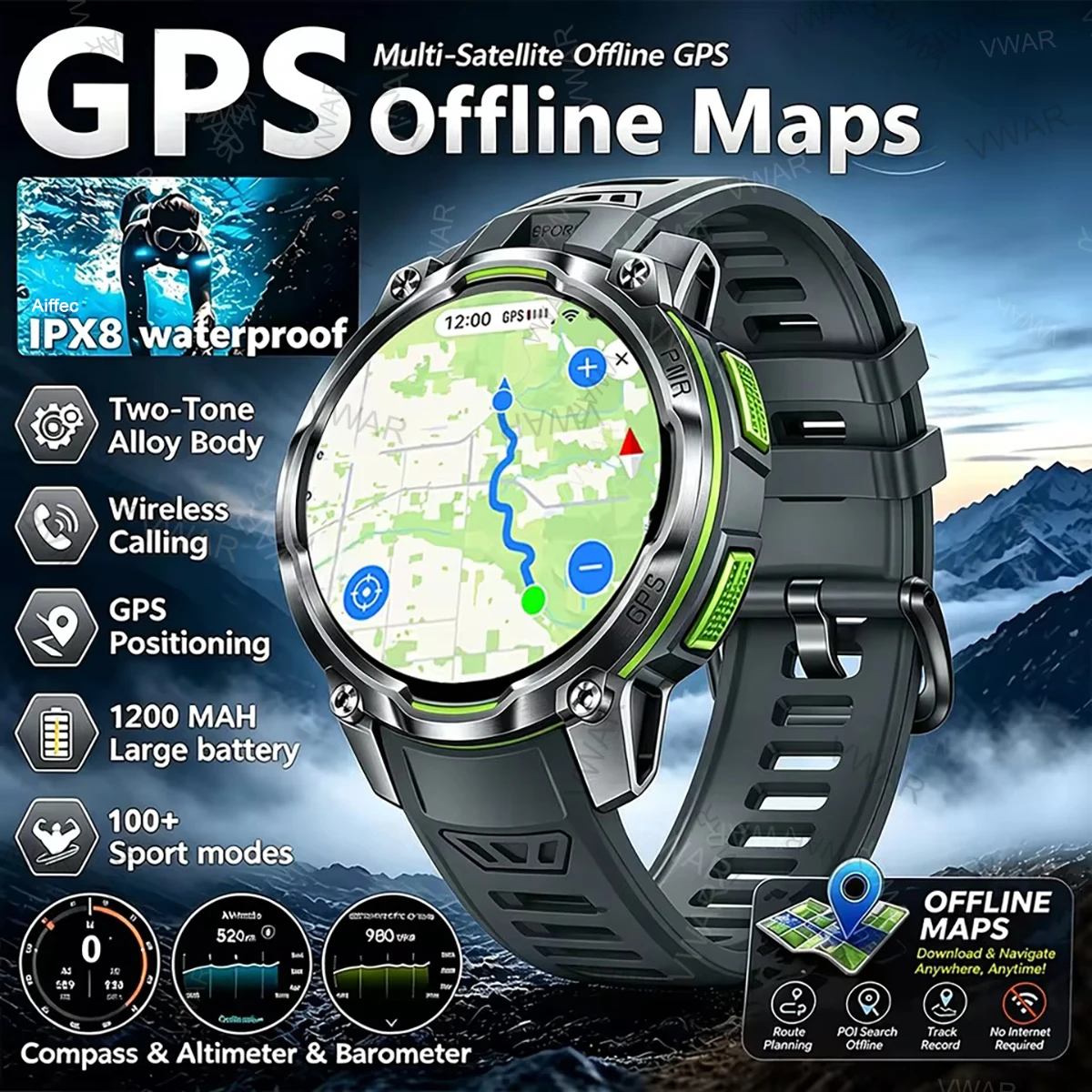 Фото 2026 Новые военные смарт-часы VWAR с GPS, офлайн-картами, водонепроницаемостью 5ATM, батареей 1200 мАч, альтиметром, компасом, Bluetooth-звонками, функциями фитнеса и спорта для мужчин. №1