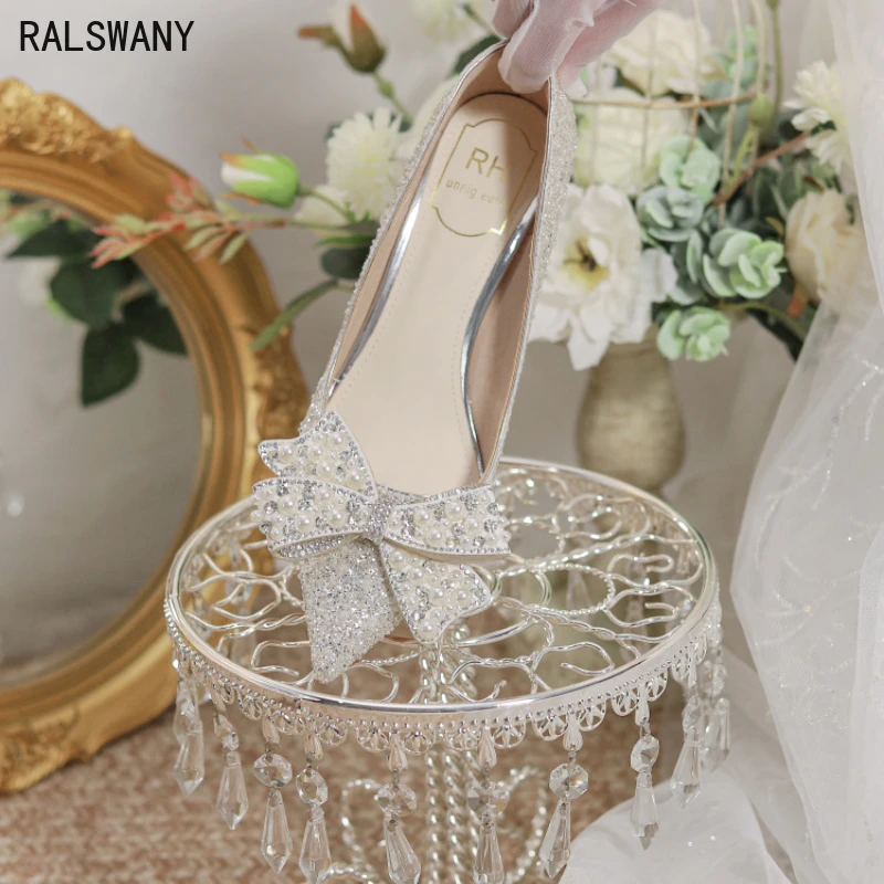 Stylish Wedding Banquet High Heels Women's Shoes Luxury Zapatos De Mujer Thin Heel Bow Full of Diamonds Mary Jane Shoes
