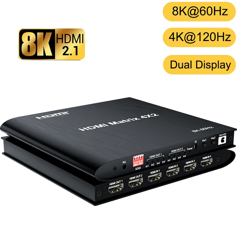 

8K 60Hz HDR HDMI True Matrix 4x2 4K 120Hz 4 In 2 Out HDR HDMI Matrix Splitter Switcher Switch Box for PS4 Computer TO TV Monitor