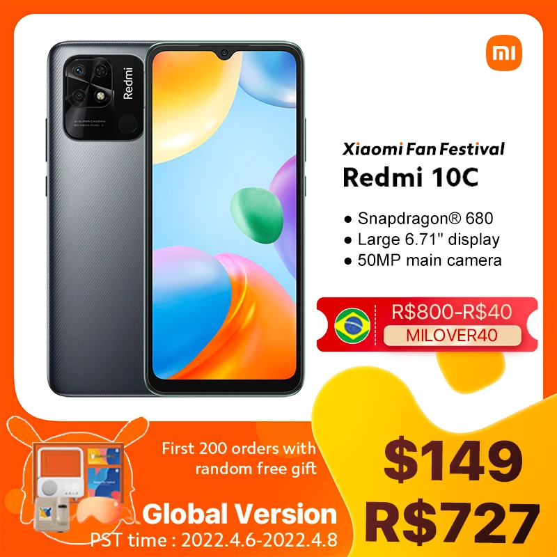  Глобальная версия смартфона Xiaomi Redmi 10C, экран 6,71 дюйма, 64 ГБ/128 ГБ, Восьмиядерный процессор Snapdragon 680, камера 50 МП 