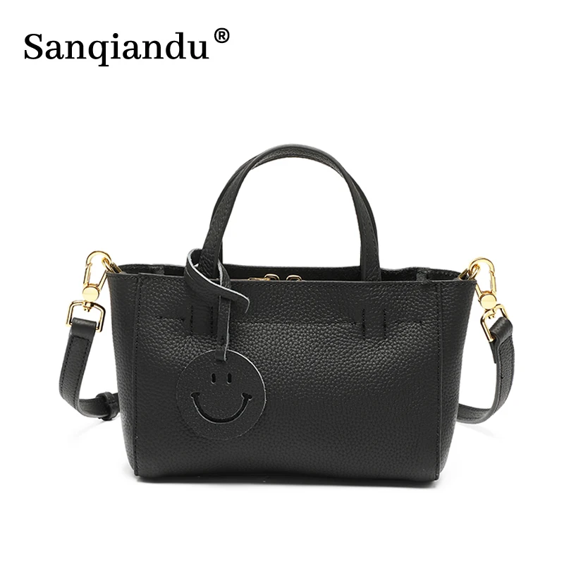 

Women Handbag Luxury Shoulder Bags Lady Soft Cowhide 100% Genuine Leather Crossbody Bags Female Smiley Tote Bucket Handbags