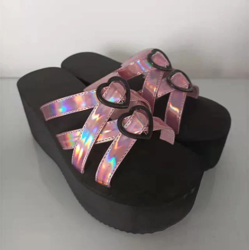 

Women's shoes New cross straps one word love wedge heel thick bottom slippers women's round head slippers for outer wear