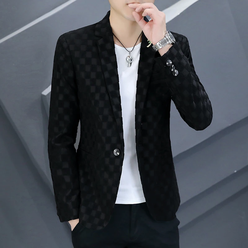 

2022 Autumn Plaid Men Blazers Slim Casual Suit Jacket Trend Business Dress Coat Streetwear Wedding Groom Social Blazer Masculino