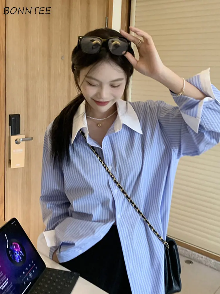 Женские рубашки с панелями в синюю полоску осень 2022 элегантная свободная уличная