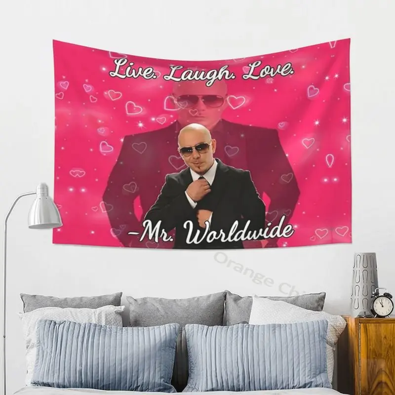 

New Live Laugh Love Mr Worldwide Tapestry Wall Decor Hippie Hip Hop Mr.305 Pitbull Meme Tapestry Aesthetic Teen Bedroom Decor