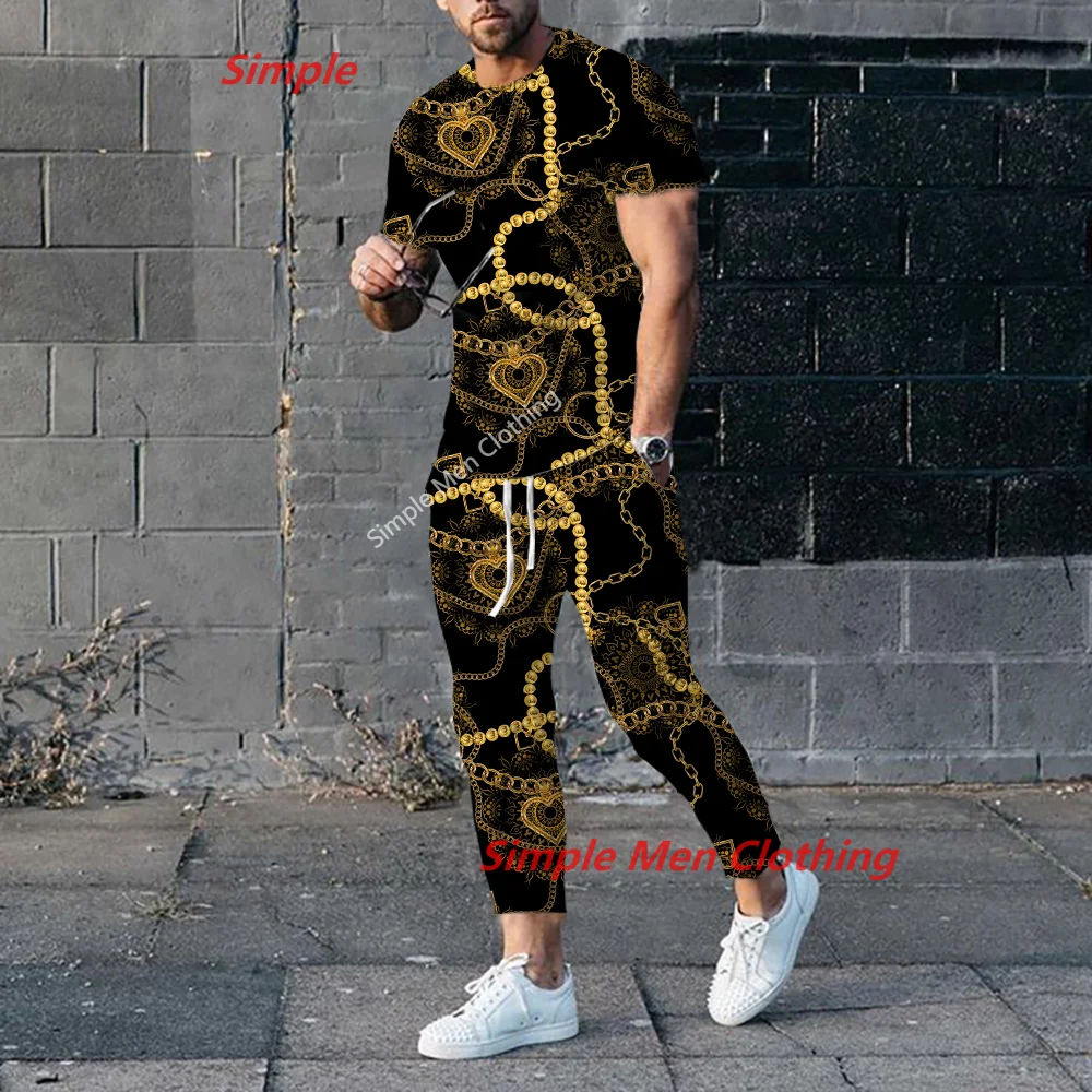 New Summer Men's Trousers Tracksuit 2 Piece Set 3D Print Sportwear Short Sleeve T Shirt+Long Pants Outfits Men Clothes