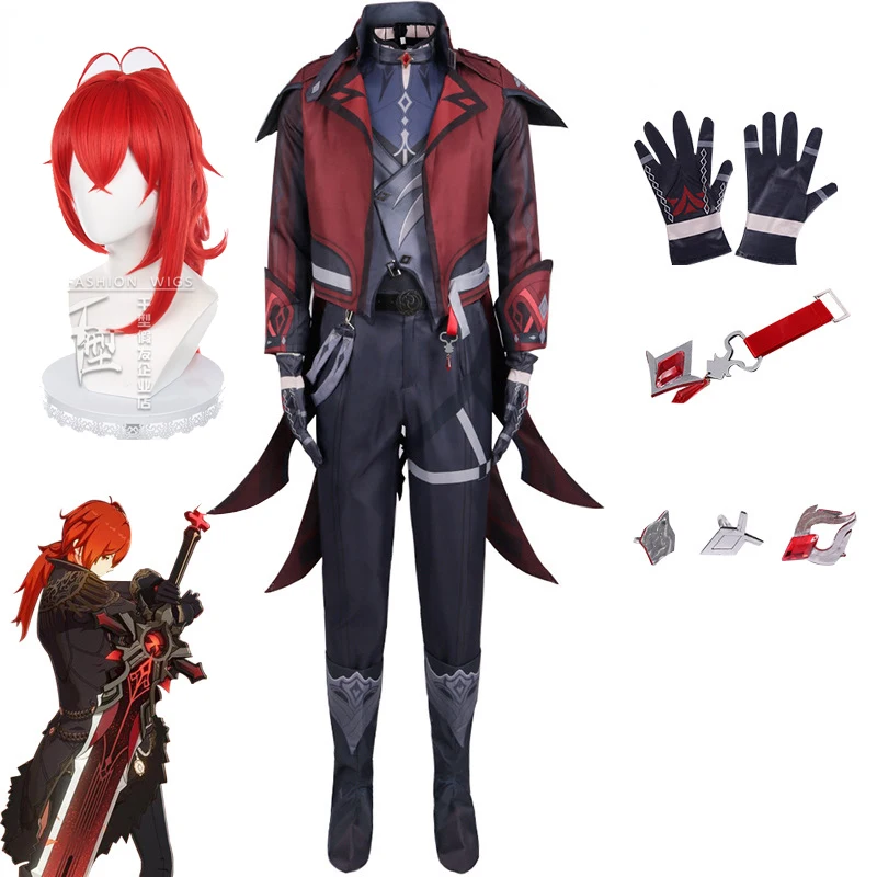 

Game Genshin Impact Diluc Ragnvindr New Skin Cosplay Costume Halloween Carnival Suit Diluc Red Dead of Night Full Set Outfit Wig