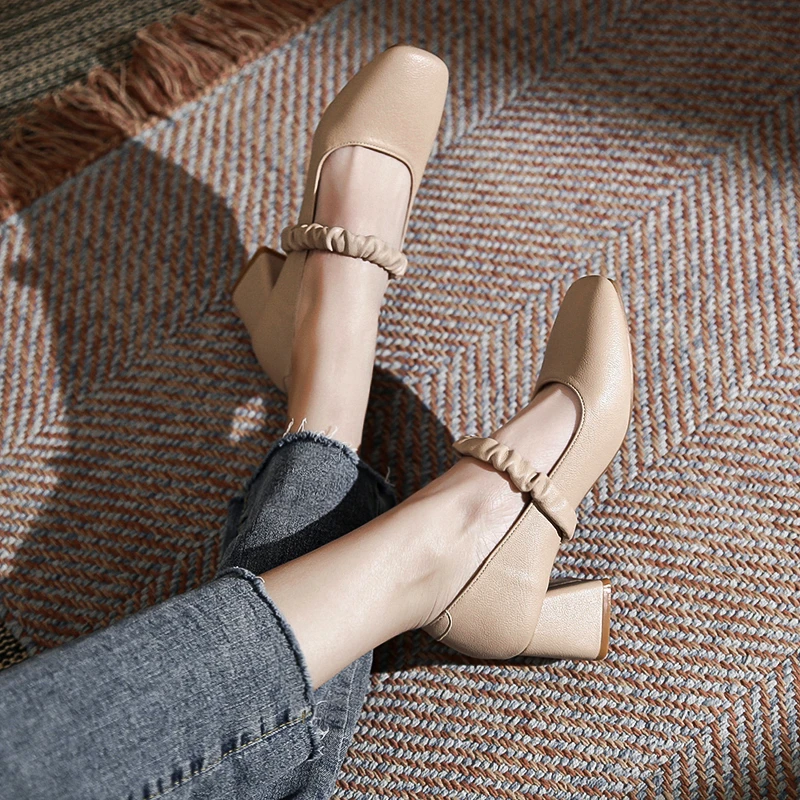 ..All-match Solid Color Women's Shoes Summer New Work Wear Matching Skirt Thick Heel Square Head Fashion Mary Jane Shoes Women