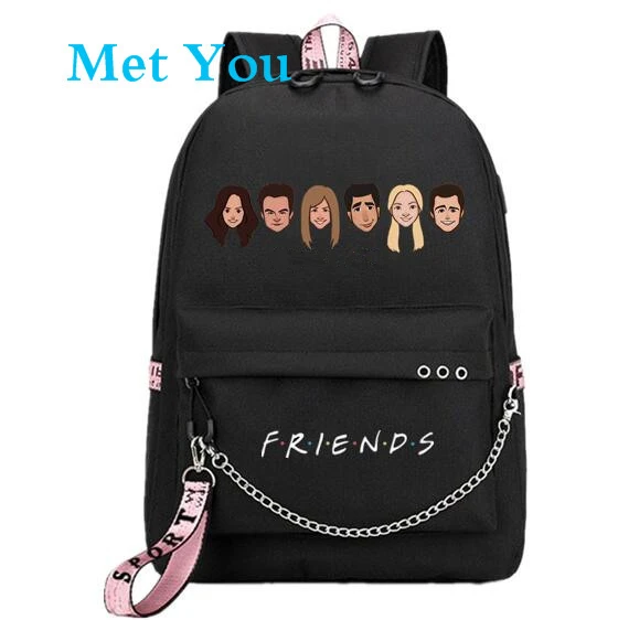 Друзья ТВ-шоу фанаты USB-порт рюкзак школьная сумка для книг Mochila дорожная цепочка