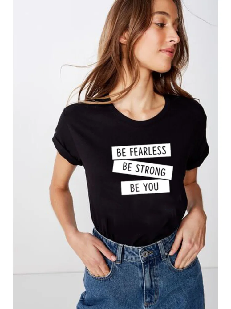 

BE FEARLESS BE STRONG BE YOU Woman's Letter Short Sleeve Tops Tee Summer Stylish Funny Casual T-Shirt Shirts with Sayings