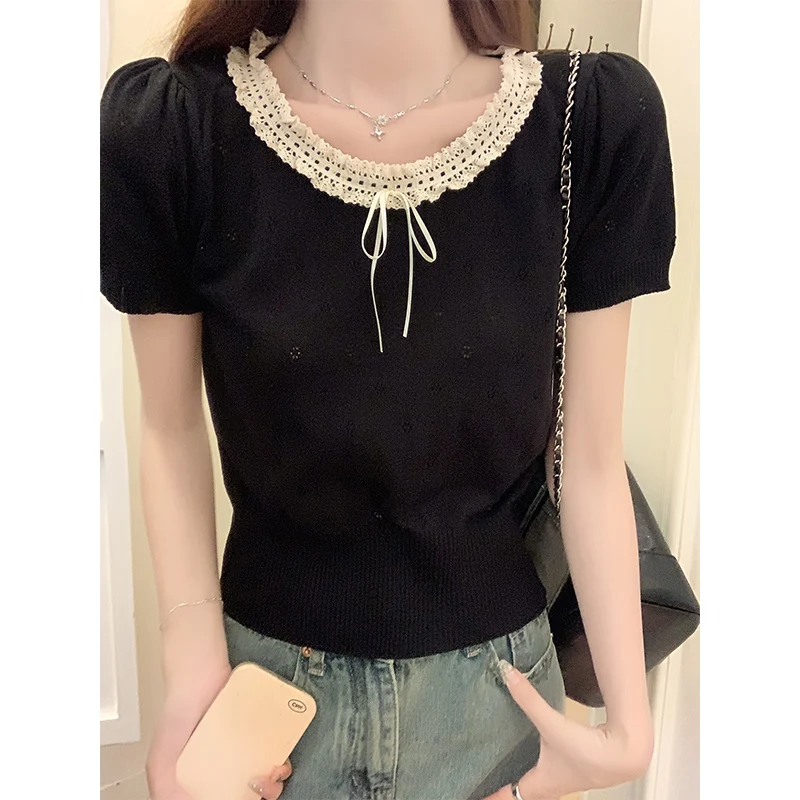 Женские кружевные топы GAODINGLAN с бантом и круглым вырезом летние женские