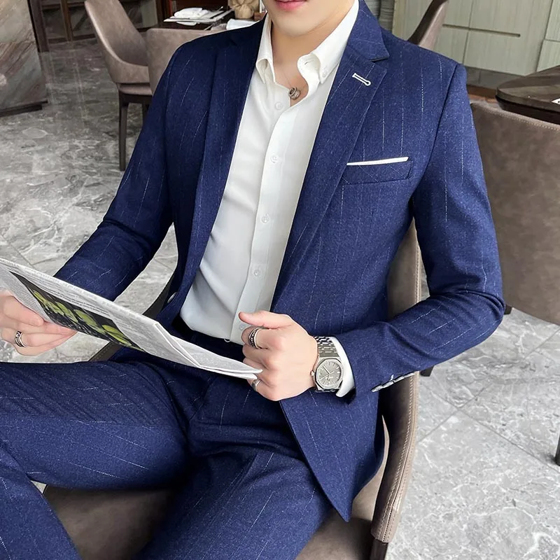 

(Blazers+Pants) Luxury Mens Slim Fit Check Suit 2022 Formal Business Wedding Groom Formal Tuxedos Social Party Clothing Homme