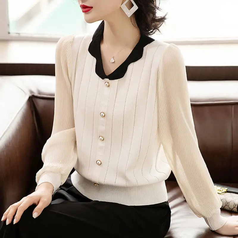 

Fashion Contrasting Colors Ice Silk Knitting Shirt Women Long Sleeve V-neck Loose Nail Bead Single-breasted Lady Sweaters