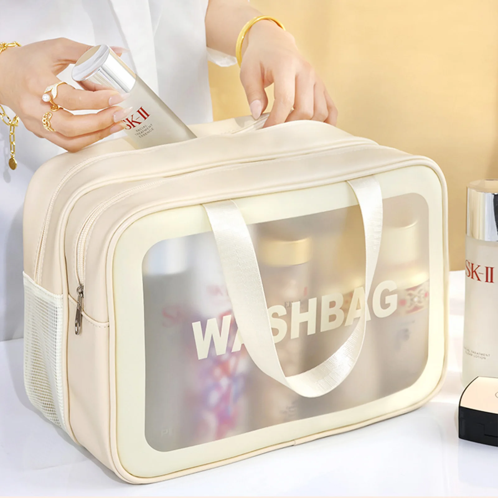 Portable PVC Double-Layer Dry-Wet Separation Partition Toiletry and Cosmetic Storage Bag for Travel, Beach, Pool, and Bathing.