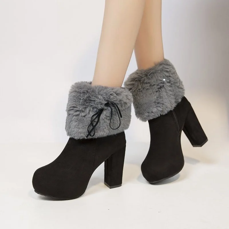 

High Heels Platform Ankle Boots for Women 2021 Warm Short Plush Winter Shoes Woman Faux Fur Zipper Snow Booties Plus Size
