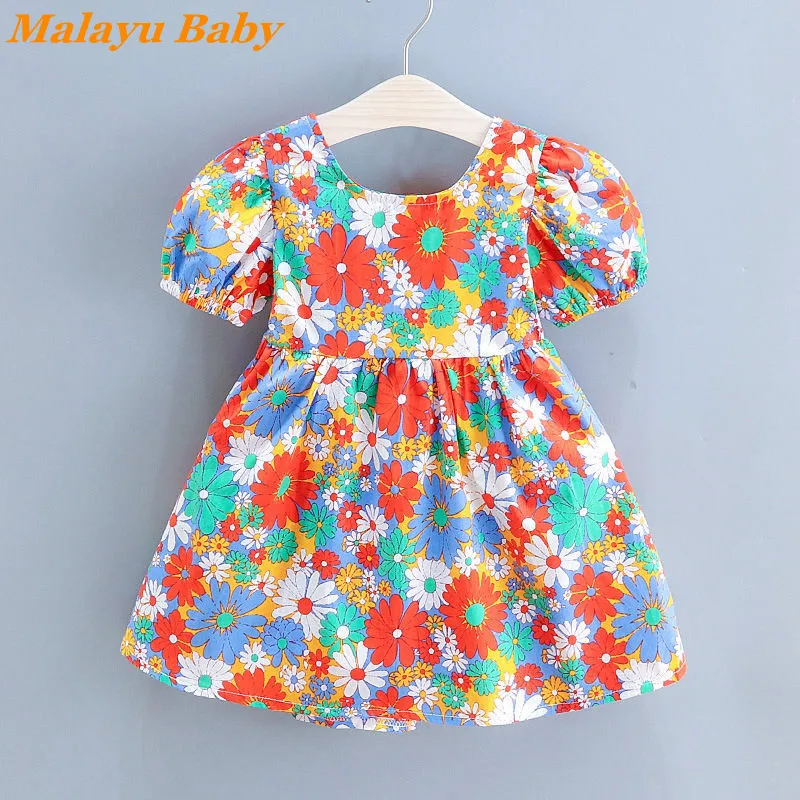 

MALAYU BABY Toddler Girls Dress 2022 Summer New Fashion Floral Print Backless Princess Party Costume Child Clothing 2-6 Years