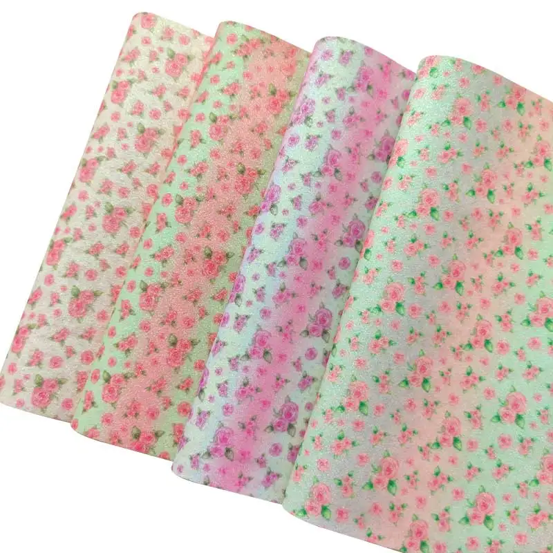 

Rose Flower Printed Fine Glitter PU Faux Leather Fabric Sheet for Making Earring/Decoration/Key Chain/Craft/Bow/Bag