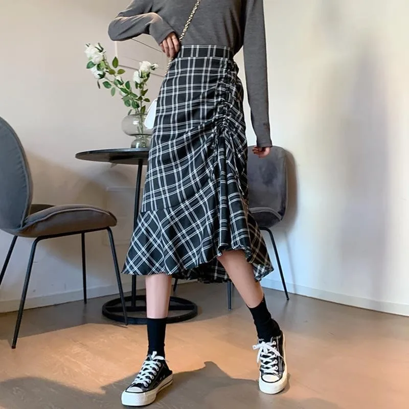 

Plaid Ruffle High Waist A-line Long Skirt Women