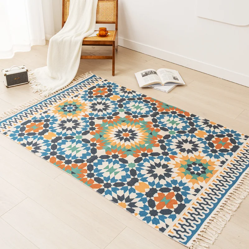

Turkish style Cotton Linen Carpet for Living Room Decoration Bedroom Bedside Large Rugs Anti-slip Home Sofa Table Decor Mat