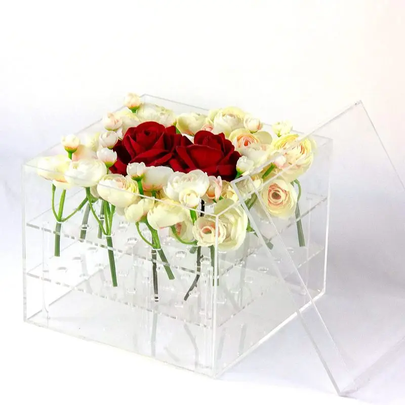 

Acrylic Flower Vase Square Clear Eternal Flower Box Rose Gift Box With Holes Water Storage Flower Arrangement Vase Wedding Decor