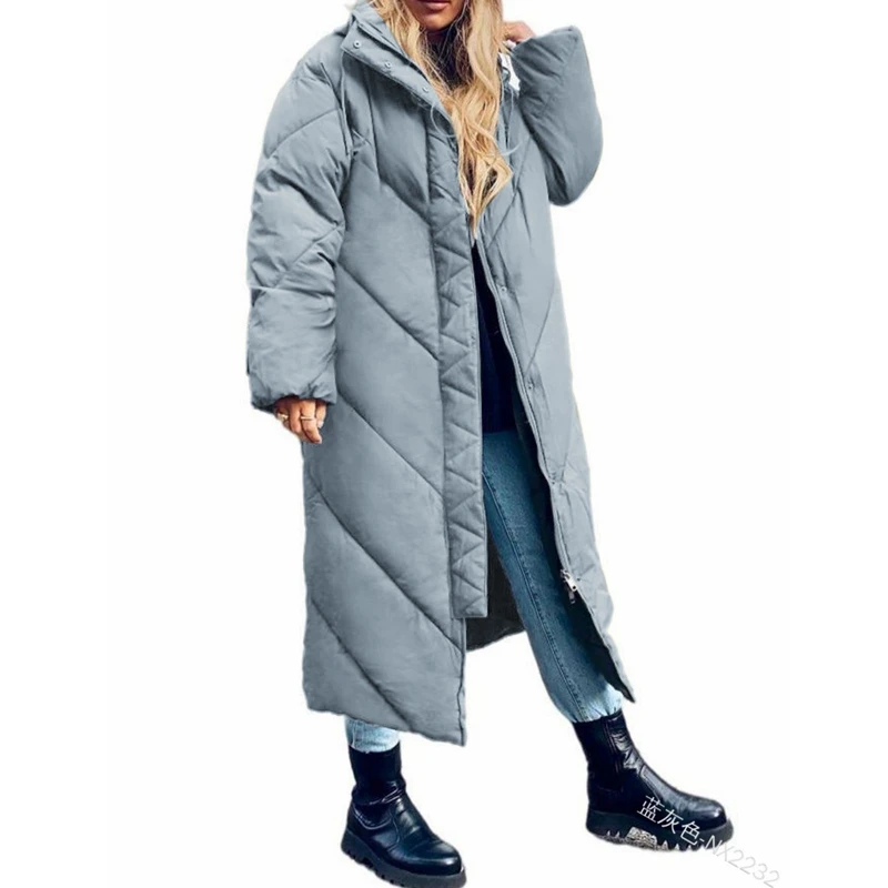 Winter Parkas Coat Women's Solid Color Loose Cardigan Large Coat Women Casual Long Sleeve Zipper Hooded Stand Collar Parkas Coat