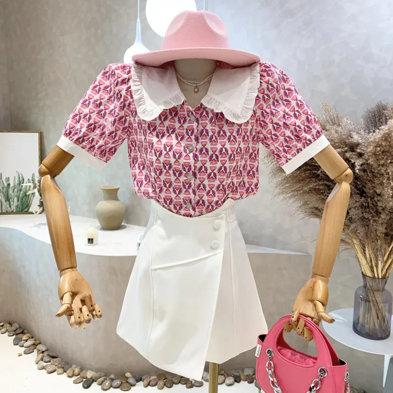 

Новинка, женская одежда 2022, летний цветочный топ DVintage, рубашка с контрастным отложным воротником и маленькими рукавами-фонариками, блузы