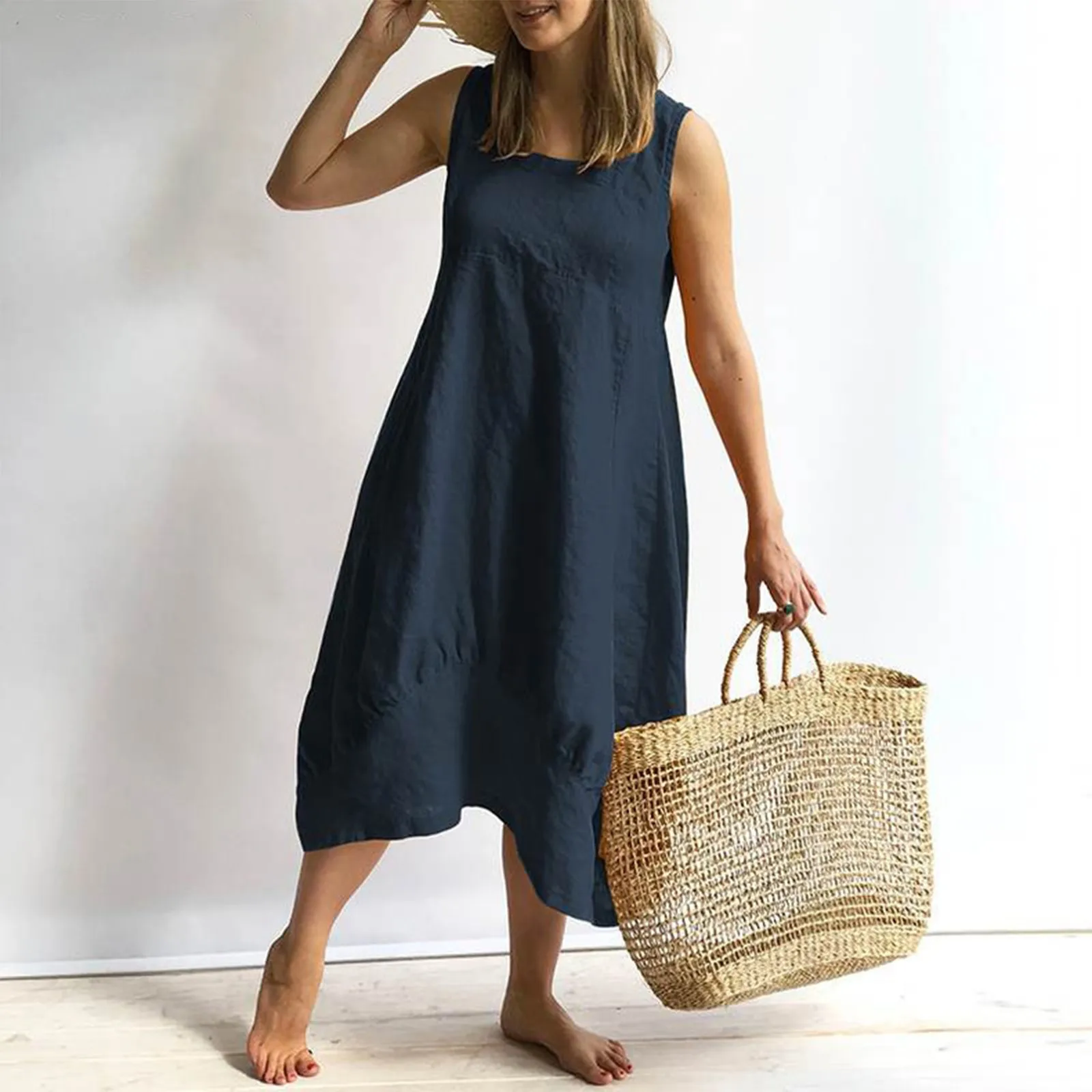 

Women's Dress 2023 Solid Cotton Linen Loose Sleeveless U Neck Irregular Dress High Quality Luxury Long Dresses Free Shipping