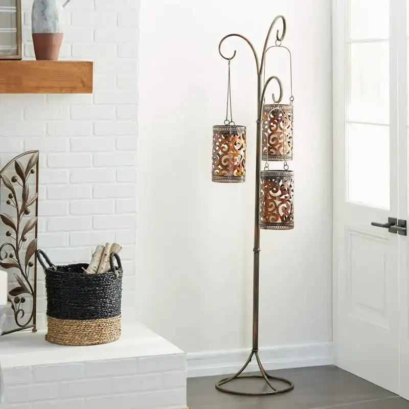 

3 Holder Brass Metal Perforated Moroccan Design 3 Hanging Holder Candle Lantern with Scrollwork Stand Home Decoration Candle Hol