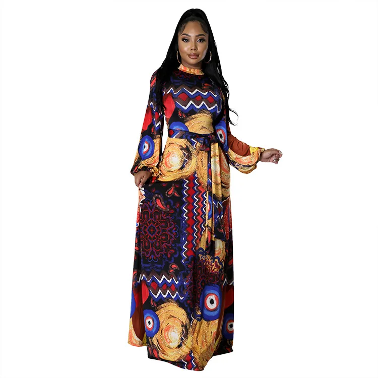 

2022 XL-5XL Plus Size for Women Spring African Women Long Sleeve O-neck Printing Polyester Long Dress African Dresses for Women