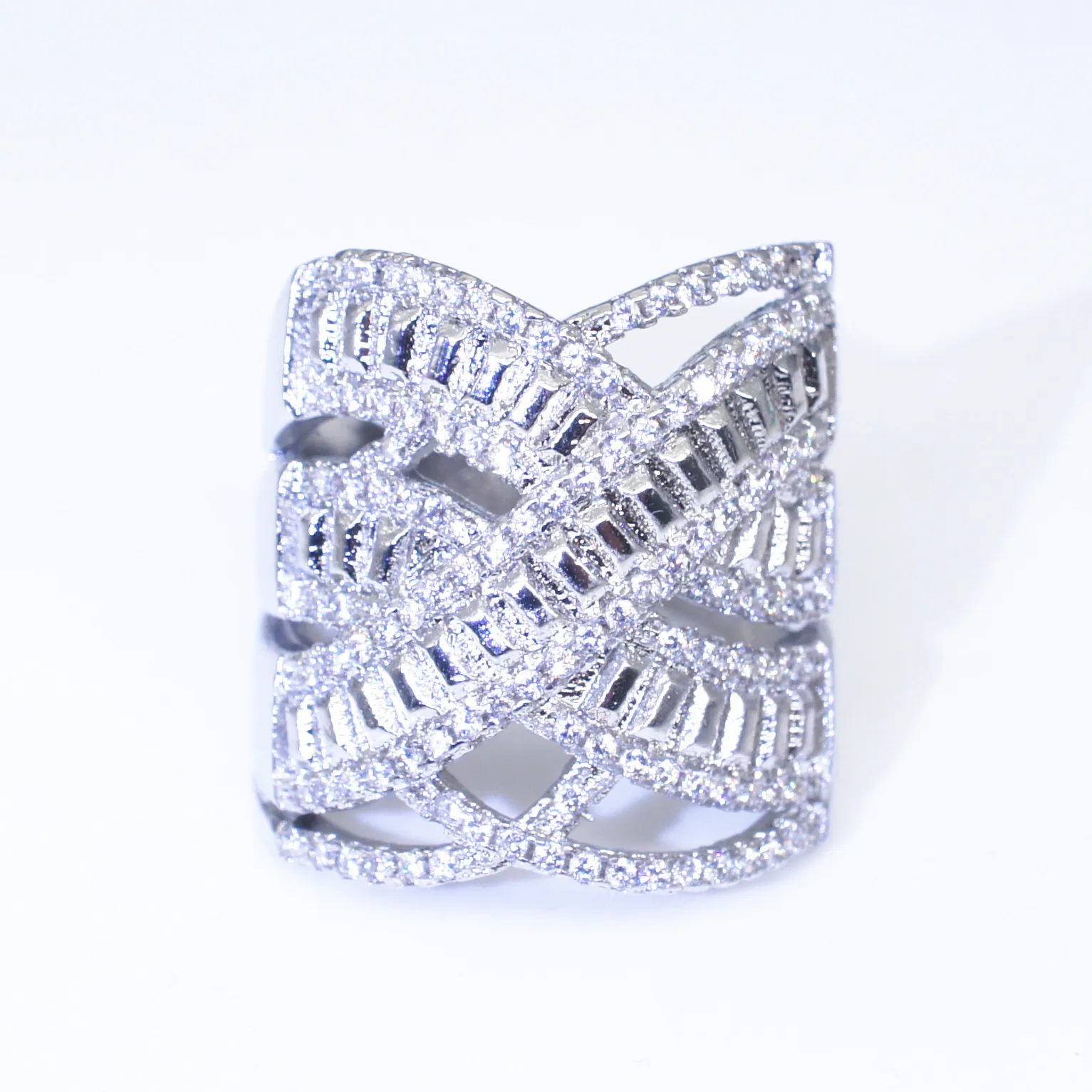 

TKJ Vintage Multi-Layered Twisted All-Stone Ring Women Fashion Engagement Party Silver Plated Luxury Jewelry Free Shipping