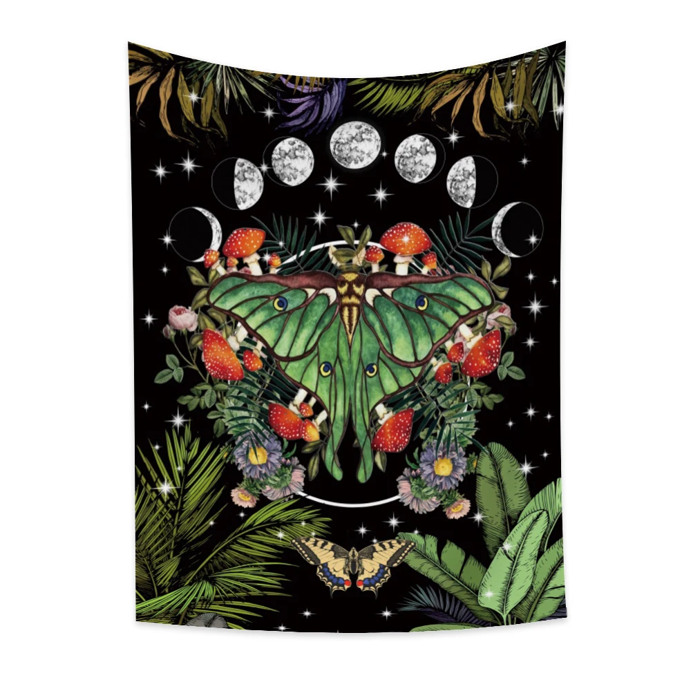 

Mushroom Skeleton Tapestry Wall Hanging Hippie Trippy Moon Phase Moth Tapestry Art for Bedroom Living Room Dorm Home Decor