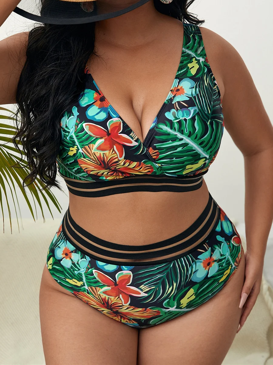 

Plus Size Bikinis Set Woman 2022 Fashion Leaves Print Transparent Sexy Beach Wear Swimsuit Two Pieces High Waist Bathing Suit
