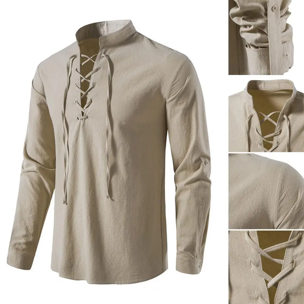

Men's Shirt Lace-up V-neck Long Sleeve Skin-touching Stand Collar Solid Color Top Male Clothing