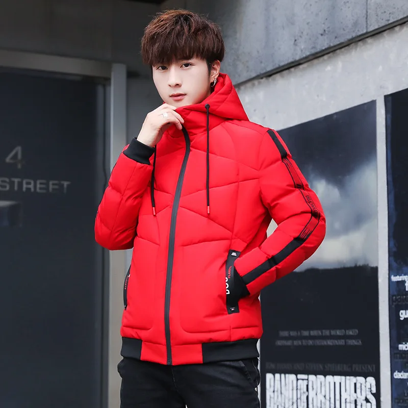 Men's Fashion Ribbon Stitching Winter Jacket Korean Style Clothes Youth Slim Thicken Winter Coat Harajuku Jacket with Hood