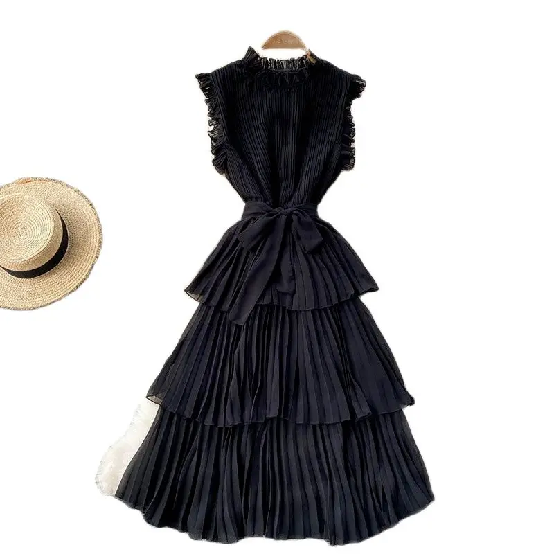 

2022 Summer Sleeveless Pleated Black Dresses Women Slim Waist Ruffled Chiffon Robe Female Solid Color Cake Vestido Girl Dress