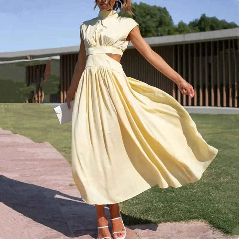 

Elegant New Fashion Women Summer Sweet Dress Stand Collar Sleevless Hollow Out Waist Ruched Big Hem Long Midi Dress