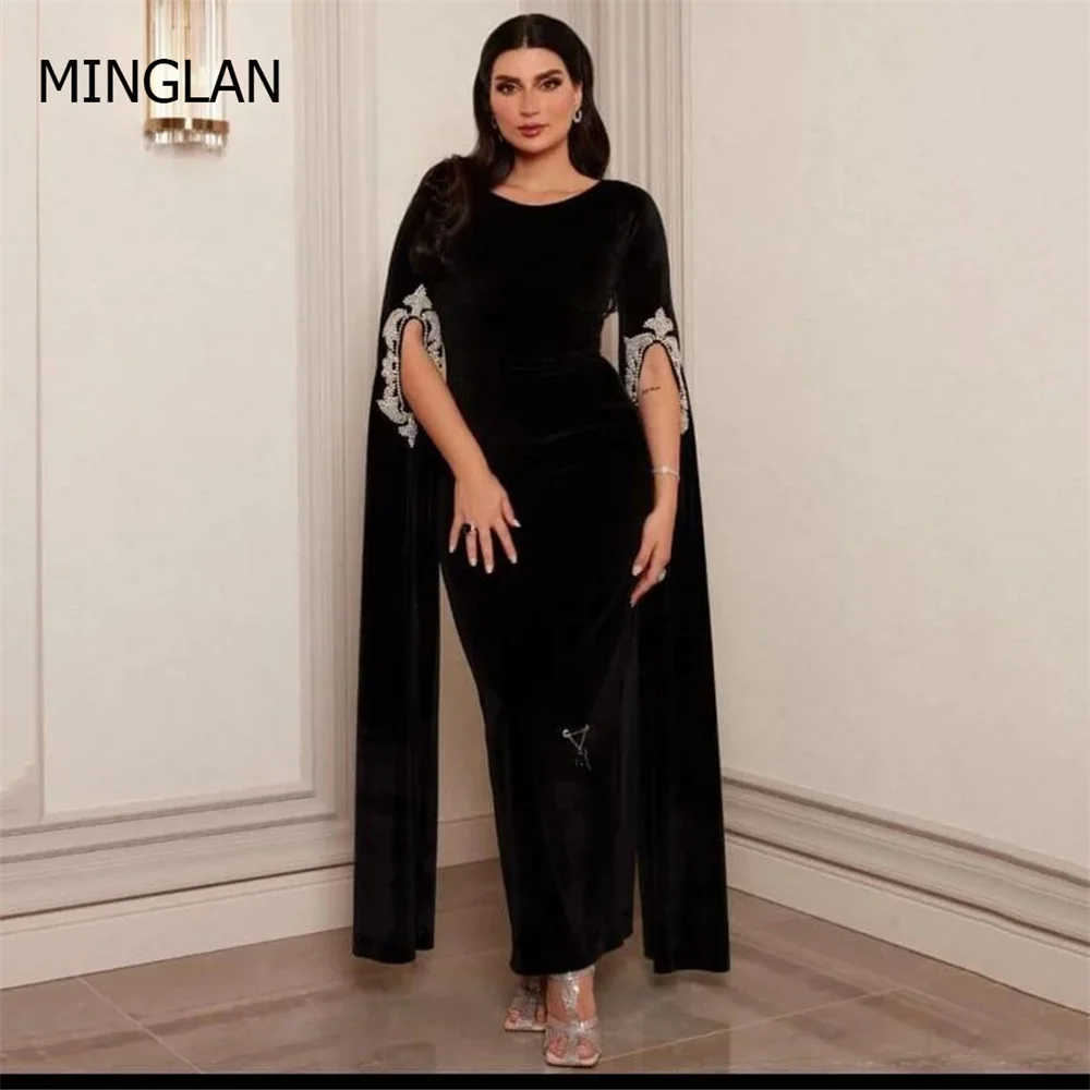 

Женское платье-Русалка MINGLAN, Элегантное Черное длинное платье до щиколотки с круглым вырезом и полурукавами, расшитое кристаллами, для выпускного вечера
