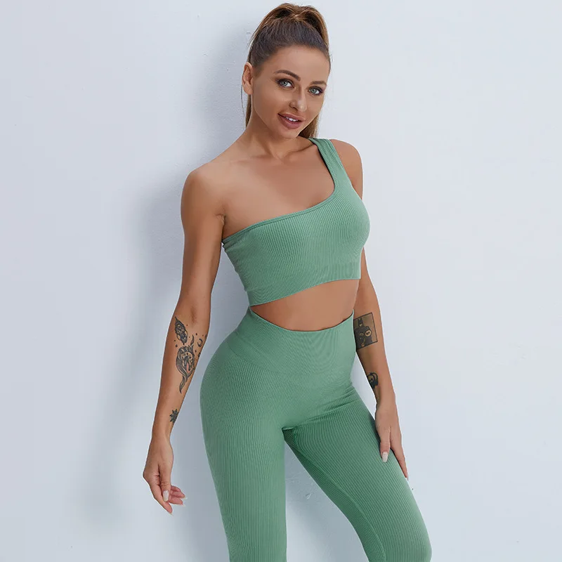 

SALSPOR Solid Color Stretch Sports Suit Seamless One Shoulder Bra High Waist Leggings Sets for Women Ribbed Slim Fitness Suit