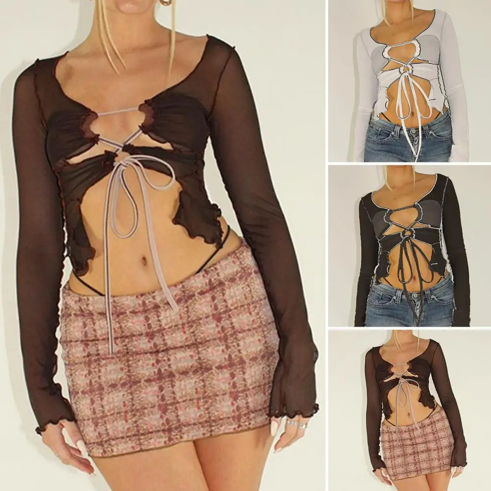 

Stylish See-through Net Yarn Crop Top Patchwork Top Lightweight Soft Wear