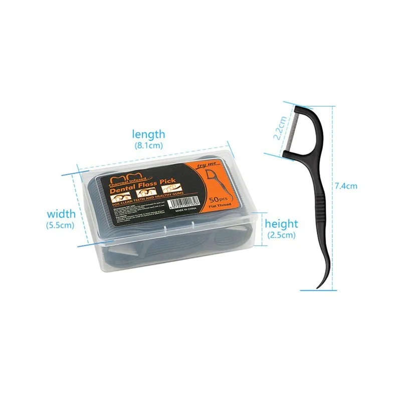

50pcs Charcoal Dental Floss Picks Black Bamboo Flat Flosser Teeth Sticks Interdental Brushes Oral Clean Toothpicks with Box
