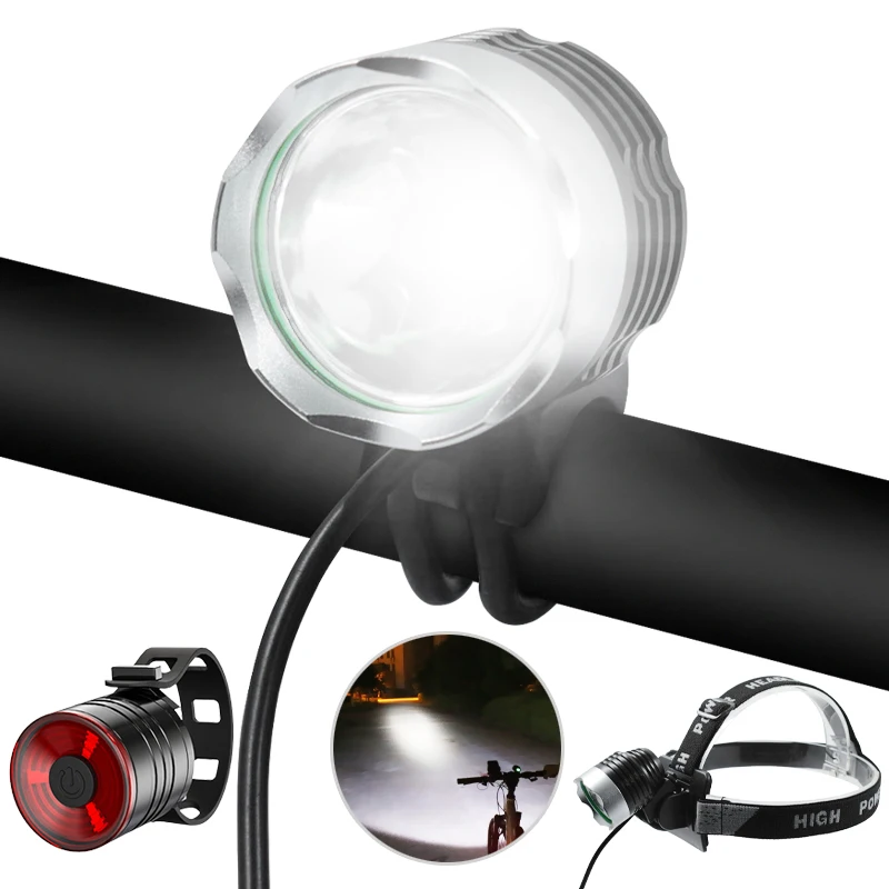 

Светильник фонарь XM-L T6, светодиодный передний фонарь для велосипеда, 3 режима, лампа для безопасного ночного велоспорта + перезаряжаемый аккумулятор 18650 + зарядное устройство