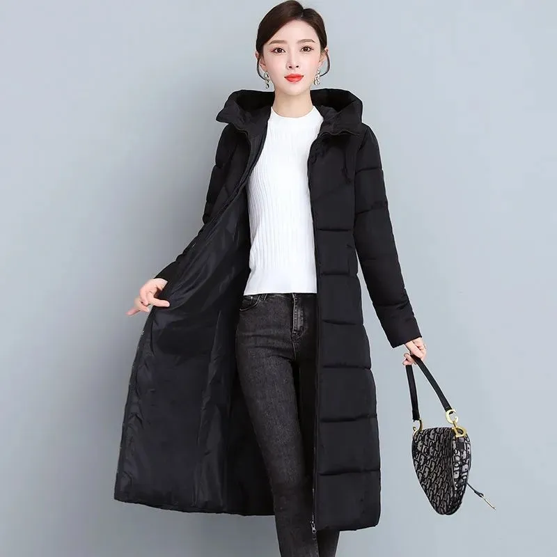Women's Parka 2022 Winter New Long Padded Jackets Slim Waist Hooded Stand Collar Long Sleeve Solid Casual Mother Coat Female Top