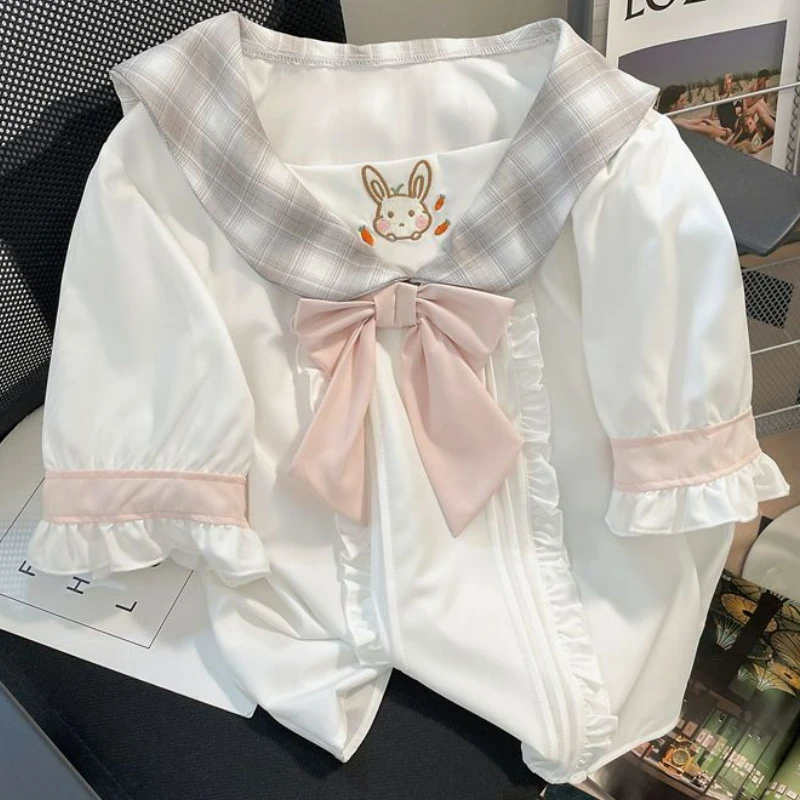 

Pink Bow Plaid Sailor Collar Shirt Teen Girls Chic Bunny Ears Preppy Style Kawaii Rabbit Embroidery Cute Blouses Women Sweet Top